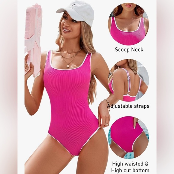 Ribbed Vibrant Pink Swimsuit one piece, white trim, elegant classic NWT-XXL - Picture 3 of 9
